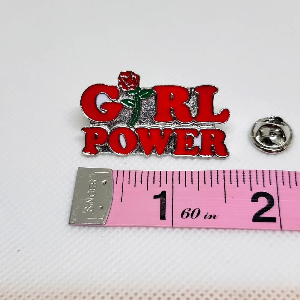 Girl Power Red Rose Enamel Pin Brooch · Red Silver Tone · 1 ½ Inch Wide · New